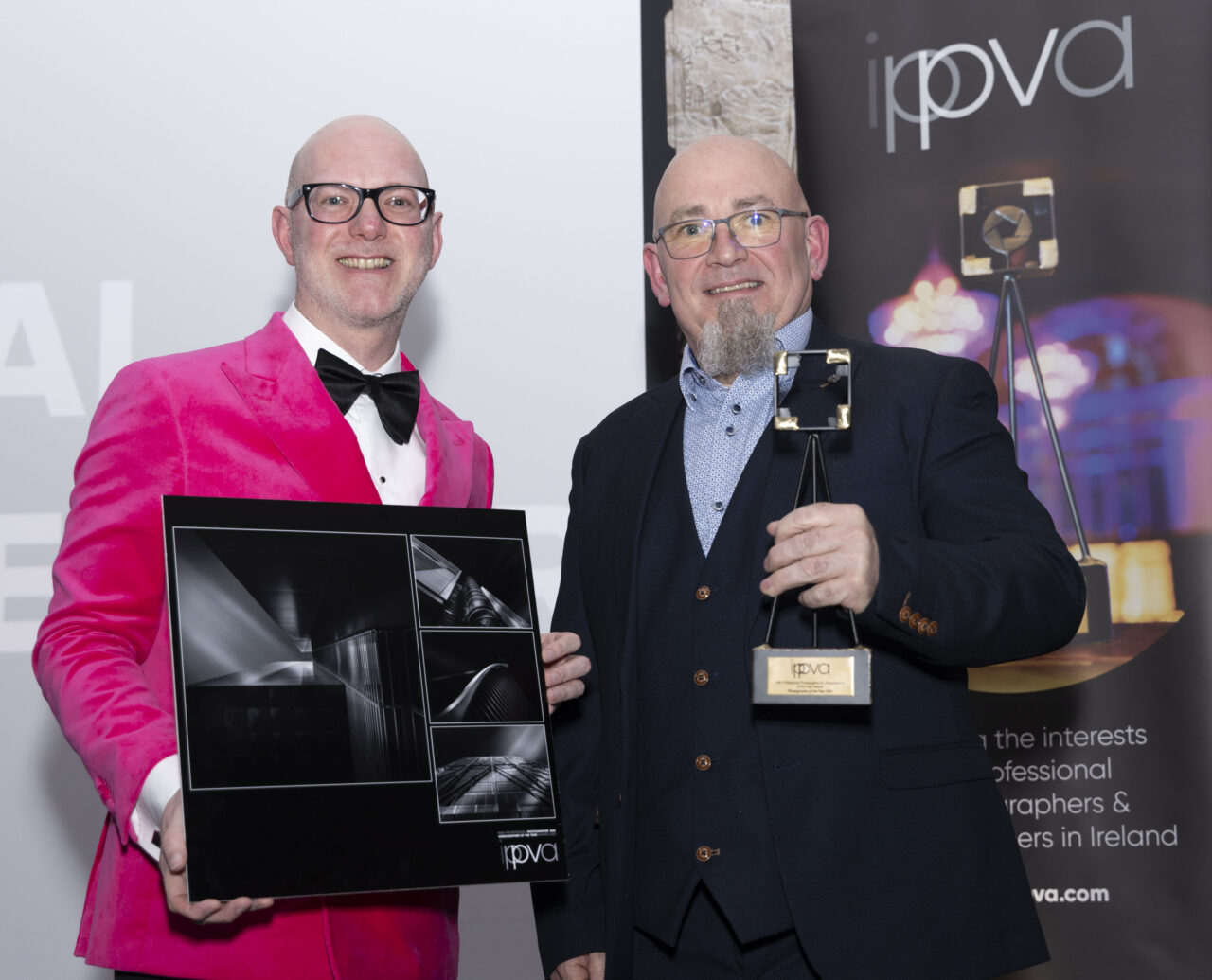 Photo of Colm Kerr of Arc Studios with Brian Whelan of Bermingham Cameras sponsor. Photo - Paul Sherwood / Coalesce IPPVA Awards held in The Clontarf Castle Hotel, Dublin. March 2023
