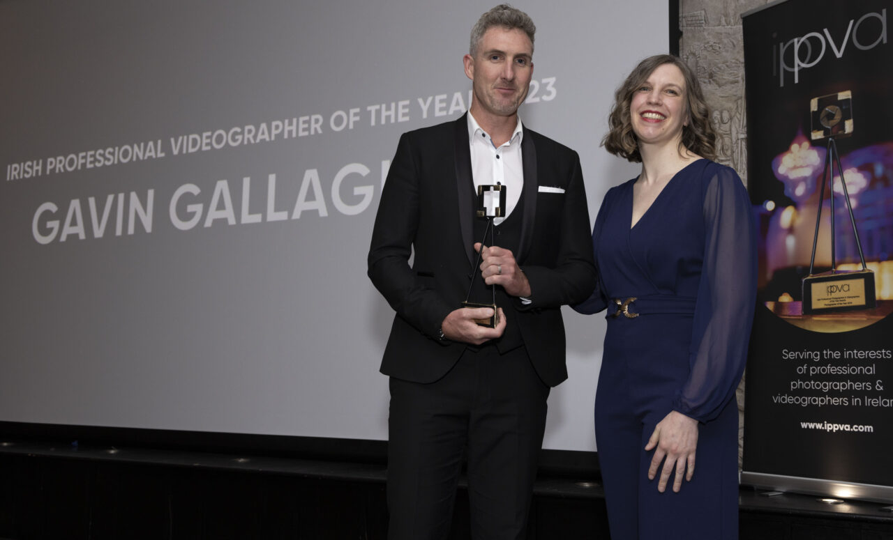 Photo of Gavin Gallagher of Dreamcatcher Productions and Johanna King IPPVA president. Photo - Paul Sherwood / Coalesce IPPVA Awards held in The Clontarf Castle Hotel, Dublin. March 2023